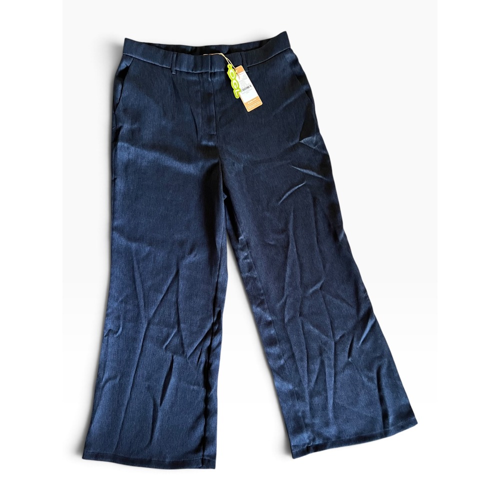 OGL Move Women Navy Blue Linen Blend Wide Leg Trousers Pants Size L New With Tag